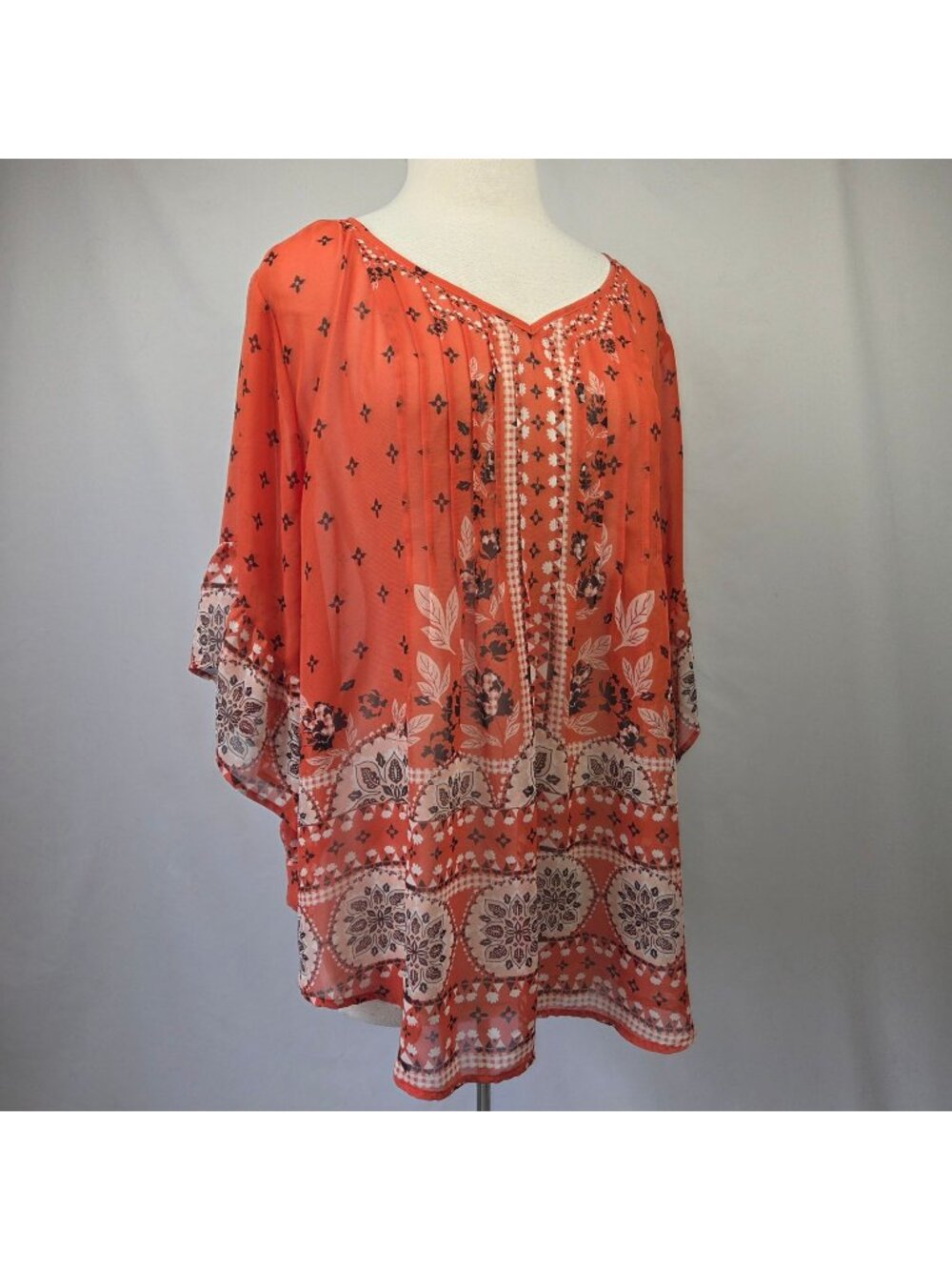 Style & Co Sheer Floral Print Boho Tunic Top Orange Size XL